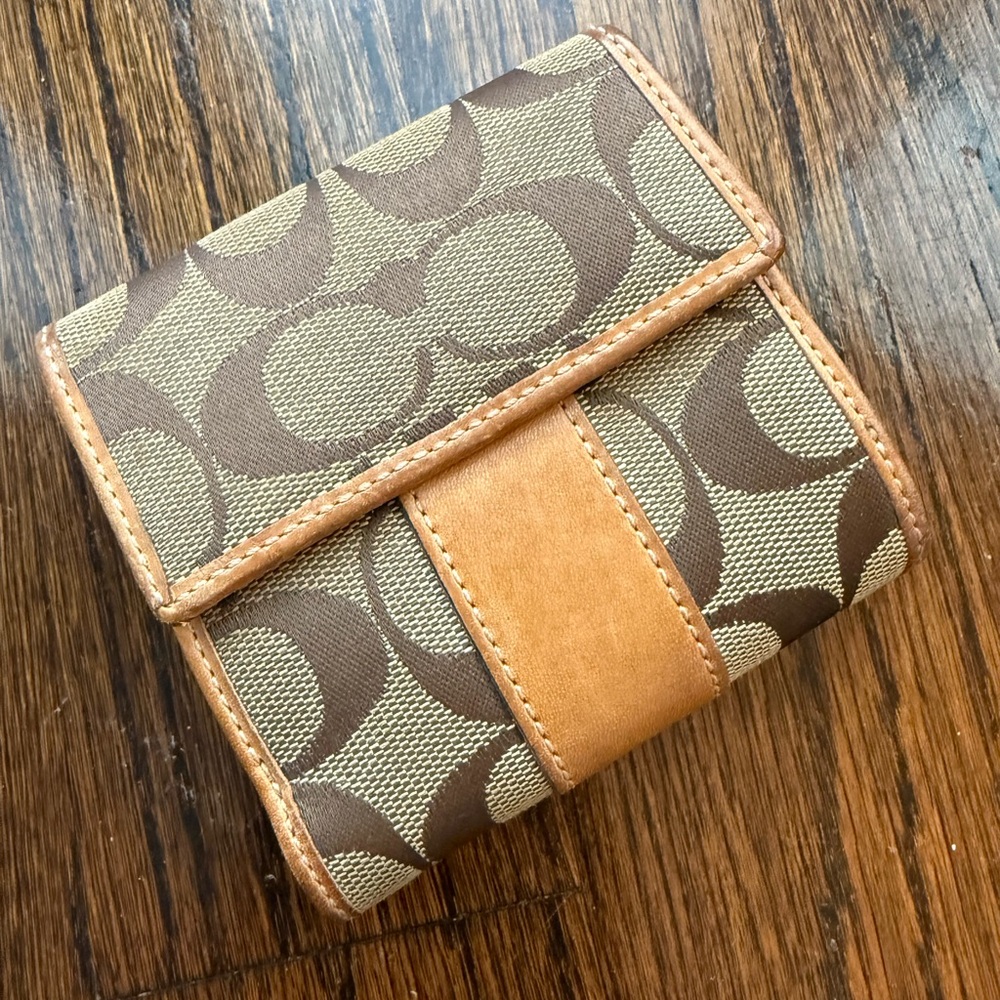 Vintage Coach Signature Pattern Small Brown and Tan Wallet.